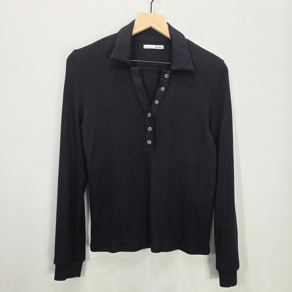 Reformation Jeans Womens XS Black Ribbed Henley Long Sleeve‎ Polo Top Modal